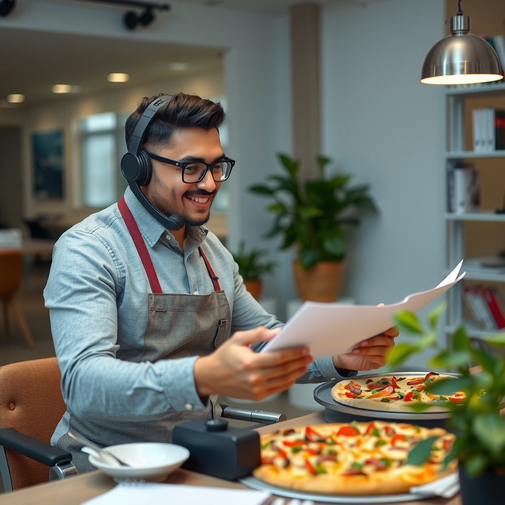 Friendly PizzaPizza catering specialist consulting with client by phone while reviewing menu options and taking detailed notes in modern office