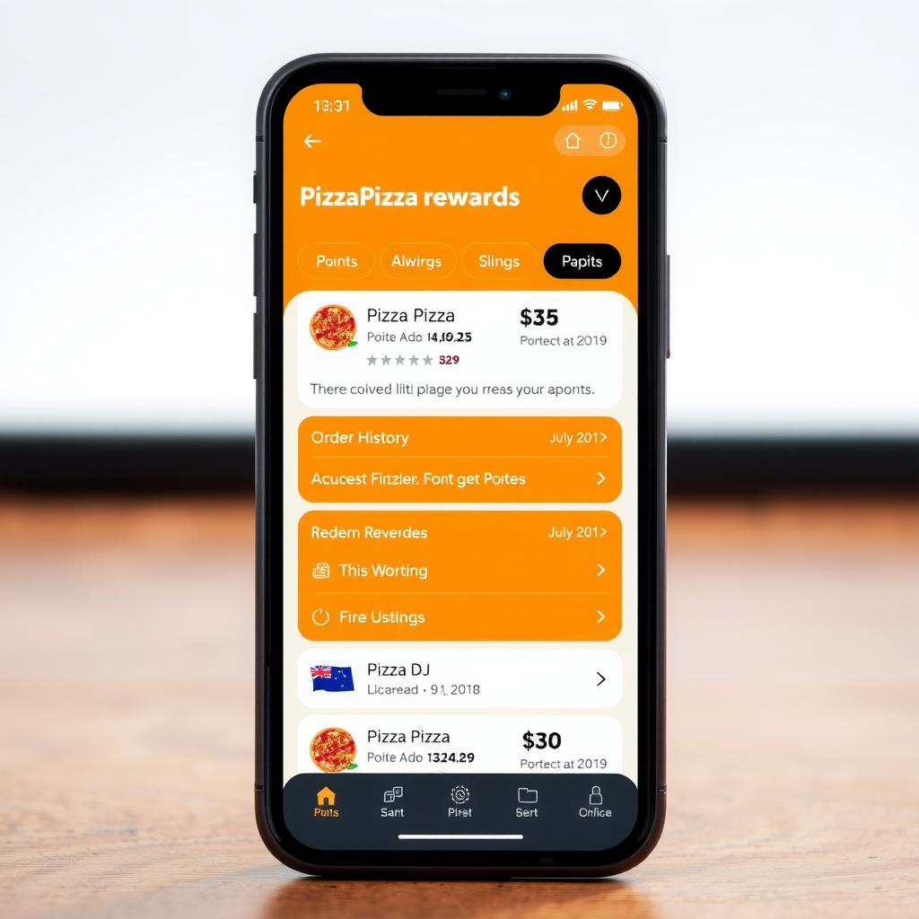 Smartphone displaying PizzaPizza rewards app interface with points balance, order history, and redemption options clearly visible