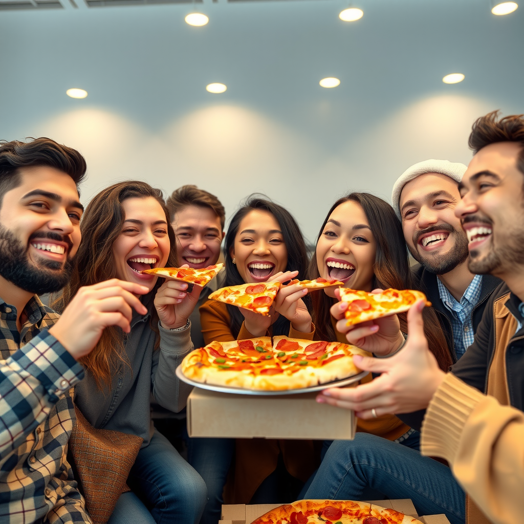 Happy diverse group of customers enjoying pizza together, celebrating rewards program membership with visible satisfaction and excitement