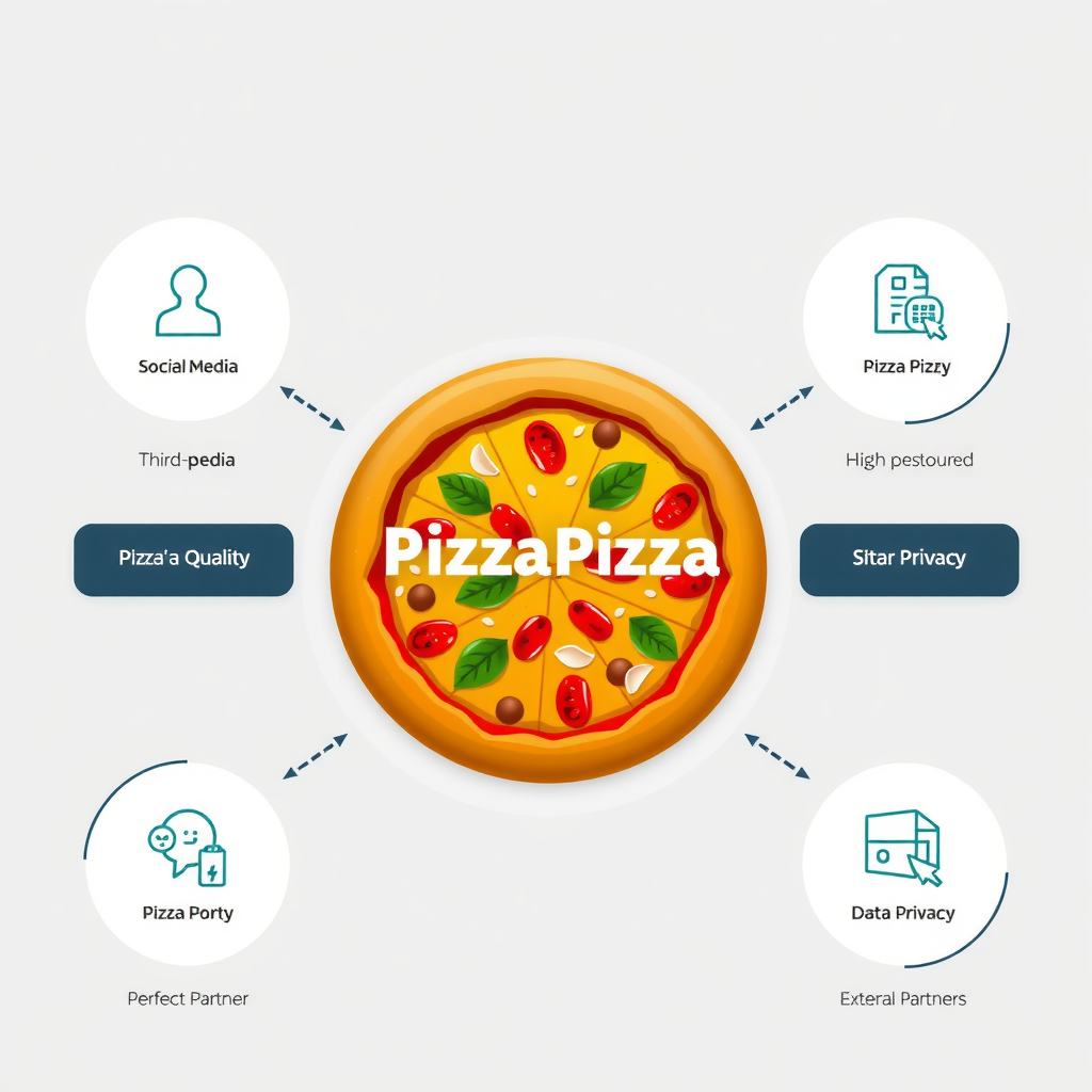 Diagram showing PizzaPizza's integration with third-party services including social media platforms, payment processors, and external partners with clear privacy boundaries and data flow indicators