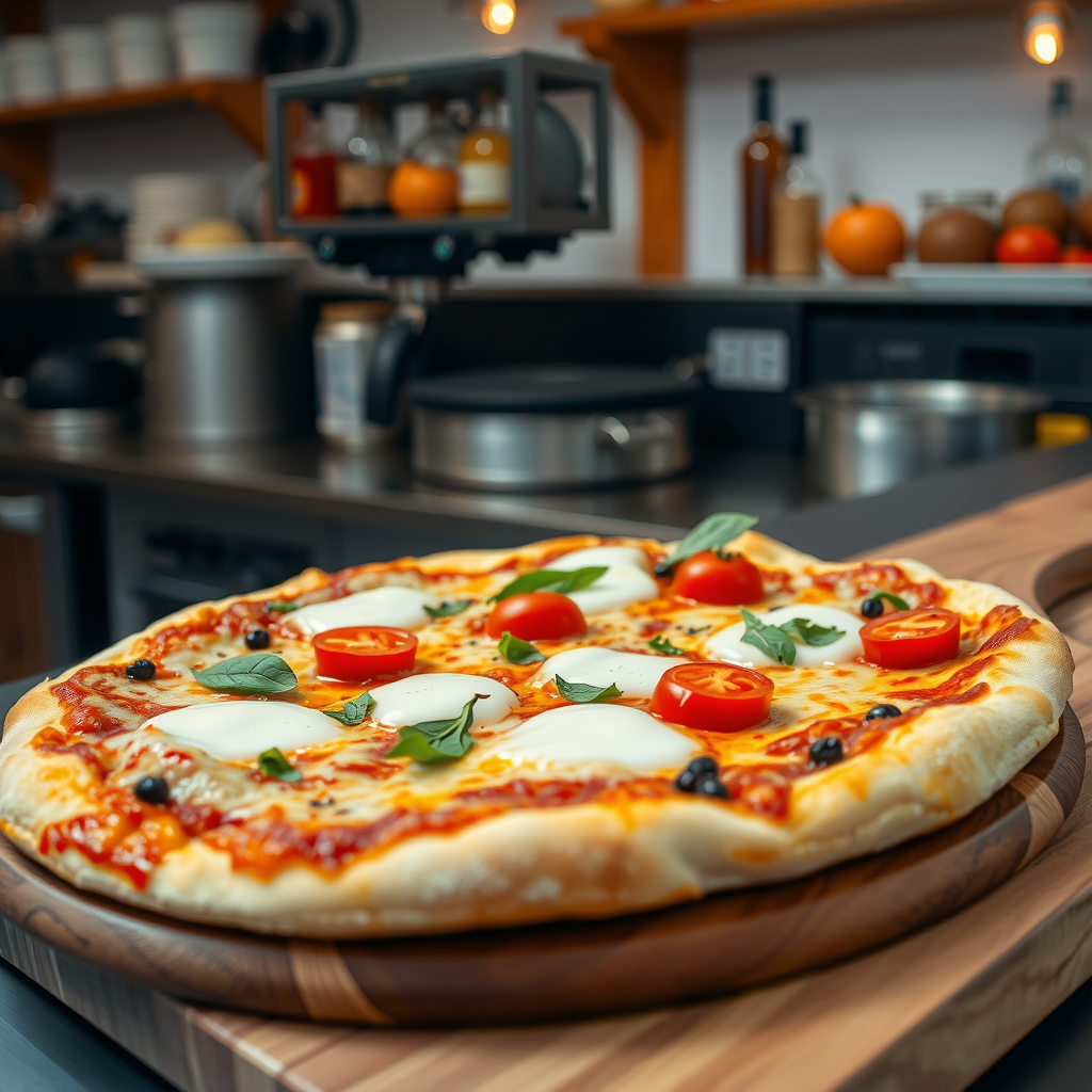 Delicious fresh pizza with melted mozzarella cheese, pepperoni, vegetables, and herbs on a wooden board in a modern pizzeria kitchen