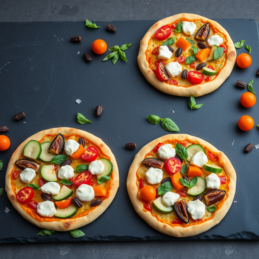 Three colorful vegan specialty pizzas with vibrant vegetables and dairy-free cheese on a modern dark slate surface with fresh herbs and ingredients scattered around