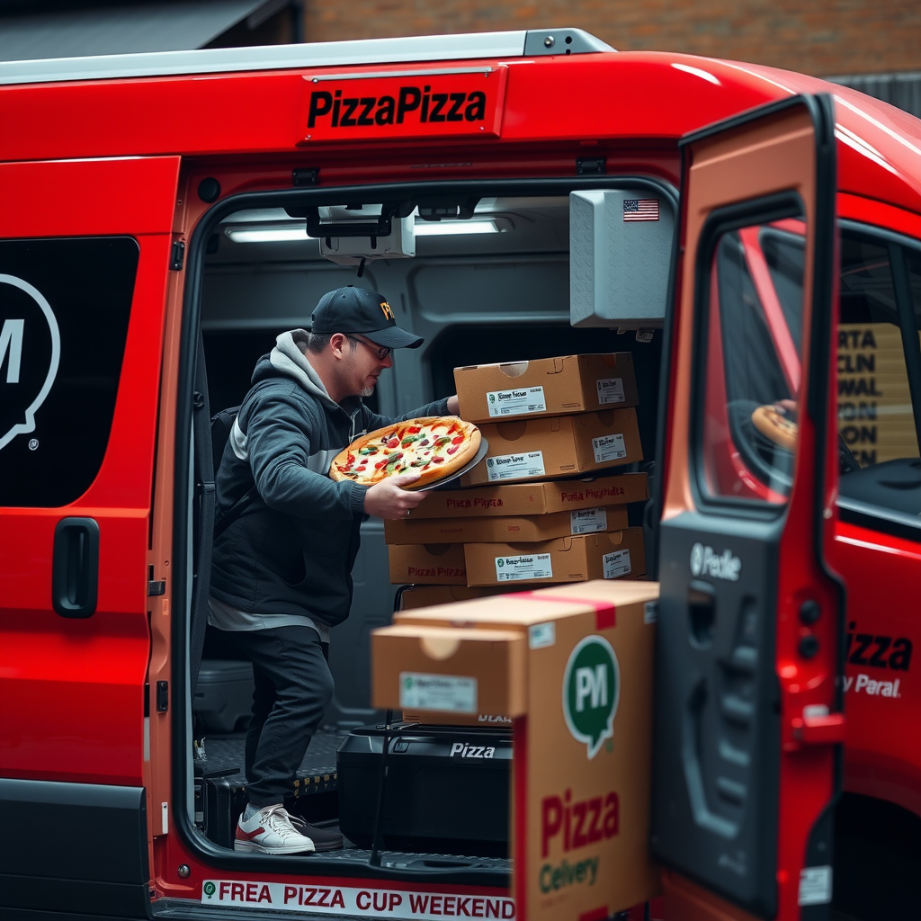 PizzaPizza delivery driver efficiently loading multiple pizza orders into a branded red and black delivery vehicle during the busy Grey Cup weekend, showcasing the company's optimized delivery operations
