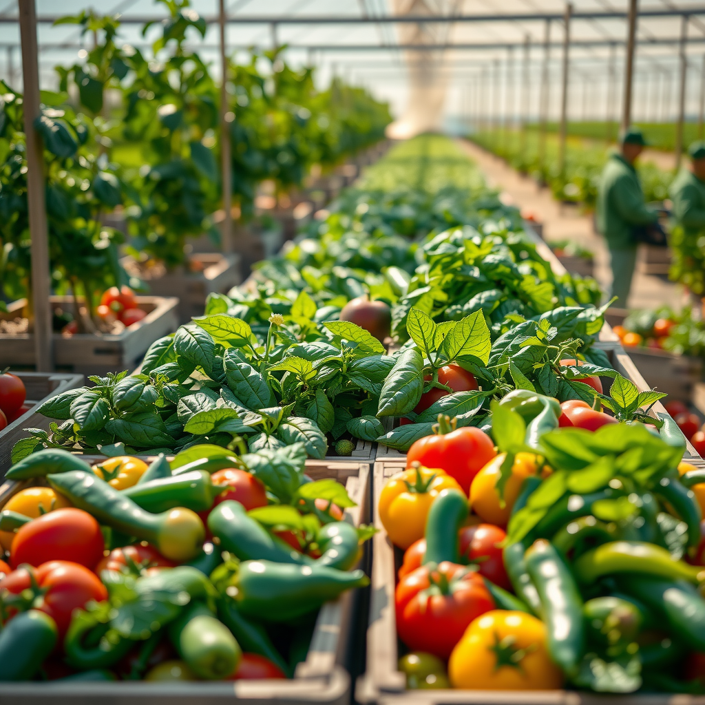 Fresh vegetables and herbs being harvested at a vibrant Canadian farm with rows of tomatoes, basil, and peppers in wooden crates under bright sunlight