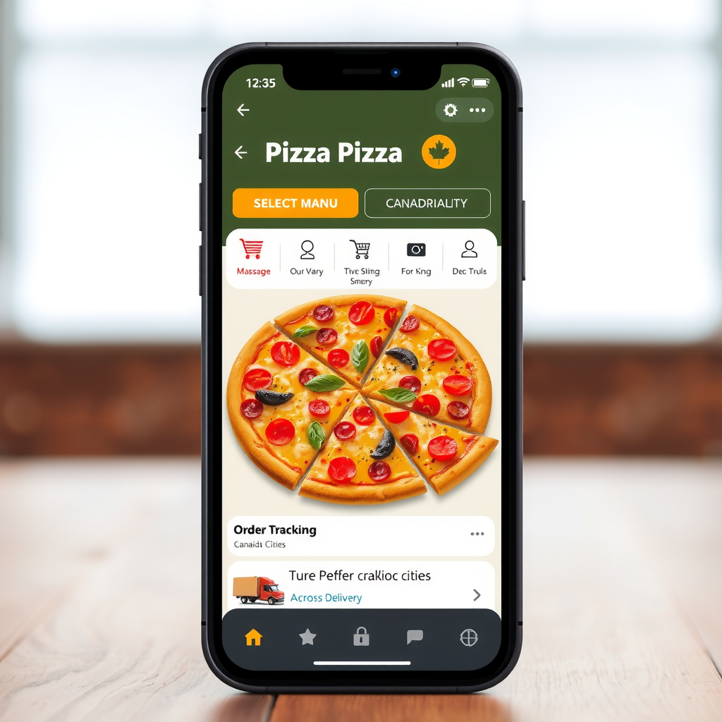 Modern smartphone displaying PizzaPizza mobile app interface with pizza selection menu, shopping cart, and real-time order tracking map showing delivery driver location across Canadian cities