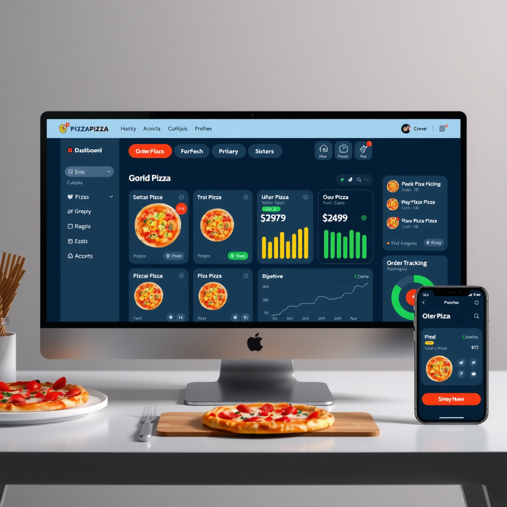 Modern PizzaPizza online ordering dashboard showing intuitive interface with pizza menu, customization options, shopping cart, and order tracking features on desktop and mobile devices
