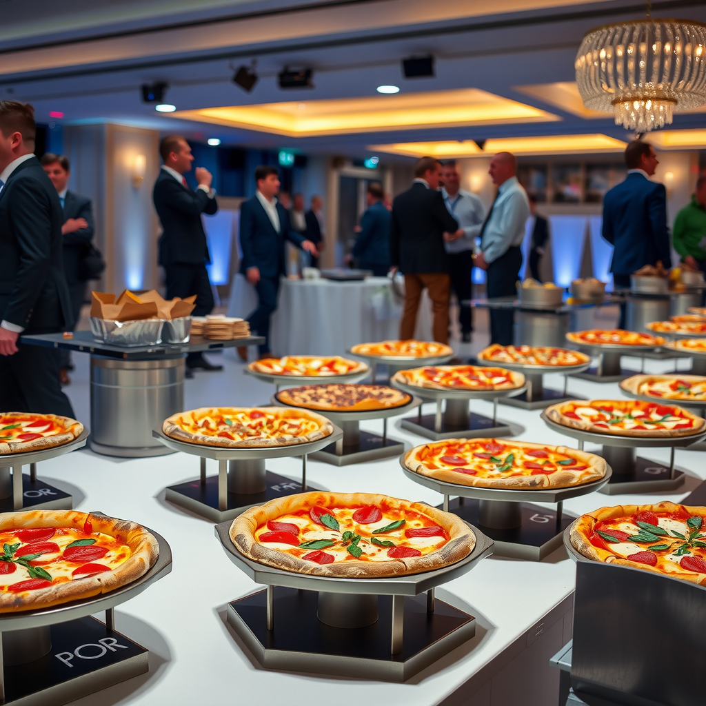 Professional PizzaPizza catering setup with multiple pizza varieties arranged on elegant serving tables at a corporate event