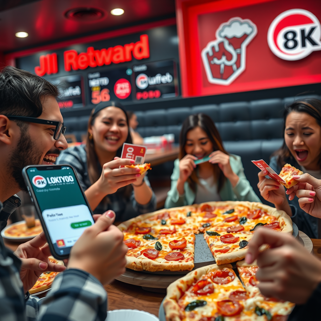 Excited customers enjoying fresh pizza with loyalty rewards cards and mobile app showing points accumulation, vibrant restaurant atmosphere with red and black branding