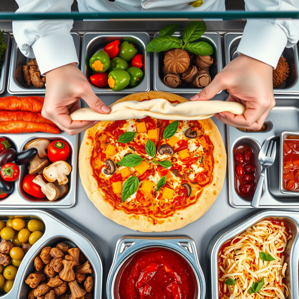 Overhead view of PizzaPizza custom pizza creation station showing various fresh ingredients in stainless steel containers including colorful bell peppers, mushrooms, olives, meats, cheeses, and sauces arranged in an organized display with pizza dough being stretched by chef hands