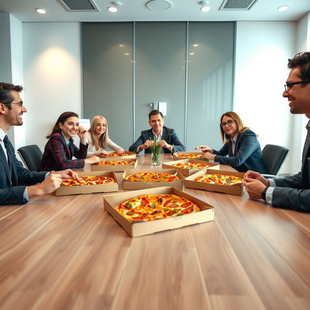 Business team enjoying pizza in modern office meeting room with multiple pizza boxes on conference table