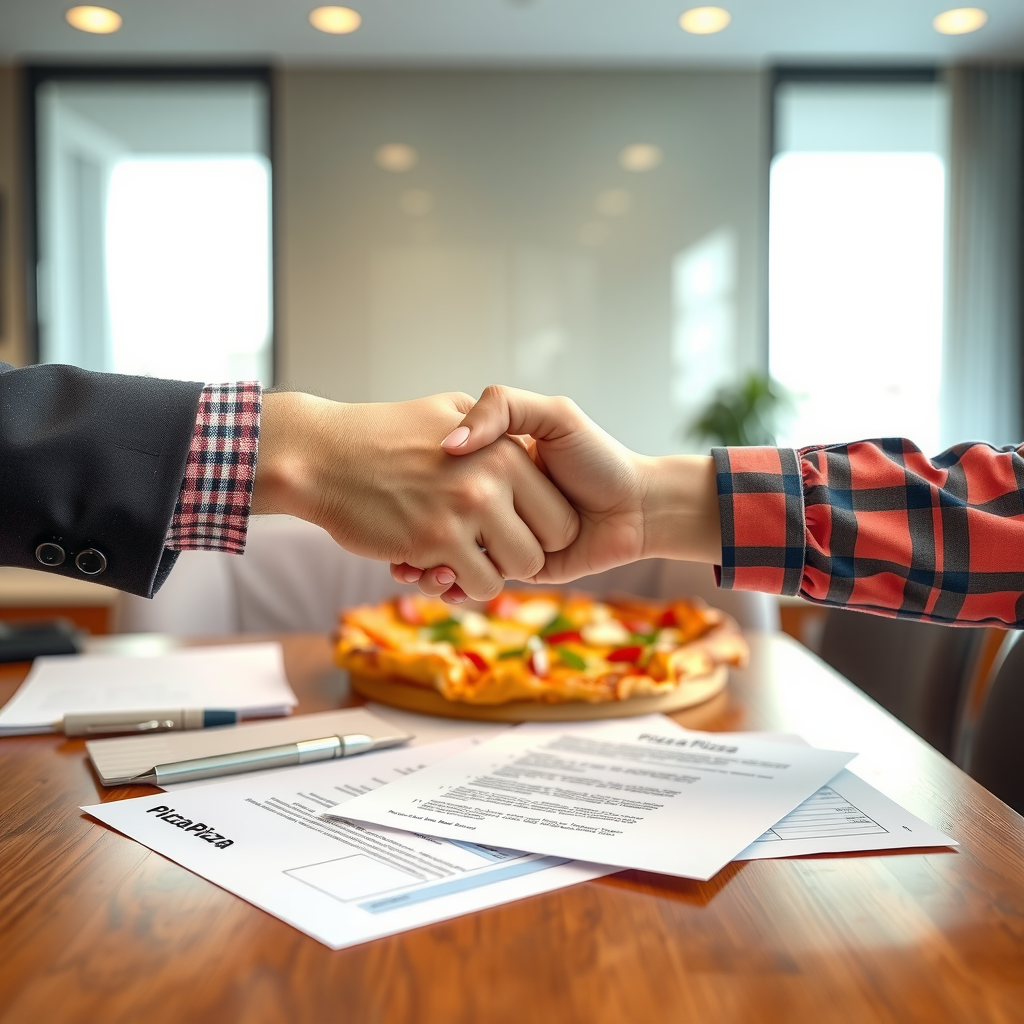 Professional handshake over a table with pizza delivery documents and a fresh pizza, representing the agreement between PizzaPizza and customers, modern office setting with warm lighting