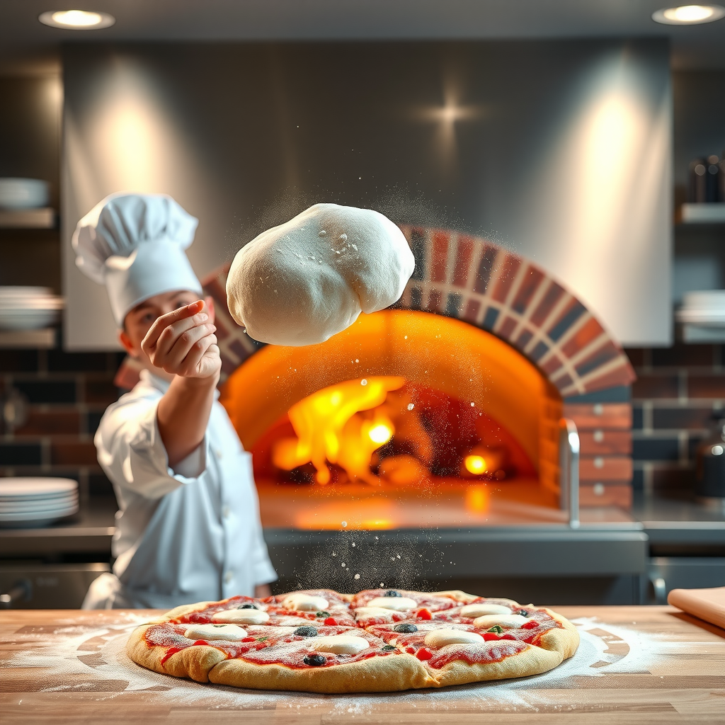 Professional pizza chef in white uniform tossing fresh pizza dough in modern commercial kitchen with brick oven in background, flour dust in air, warm lighting