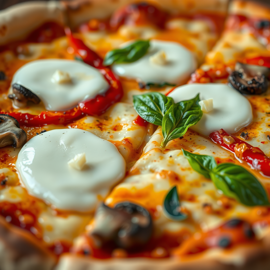 Close-up of dairy-free mozzarella cheese melting on a vegan pizza with roasted red peppers mushrooms and fresh basil on a golden crispy crust