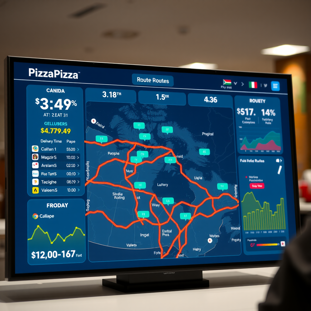 Modern digital dashboard displaying PizzaPizza's route optimization technology with multiple color-coded delivery routes mapped across a Canadian city, showing real-time traffic data and delivery time predictions