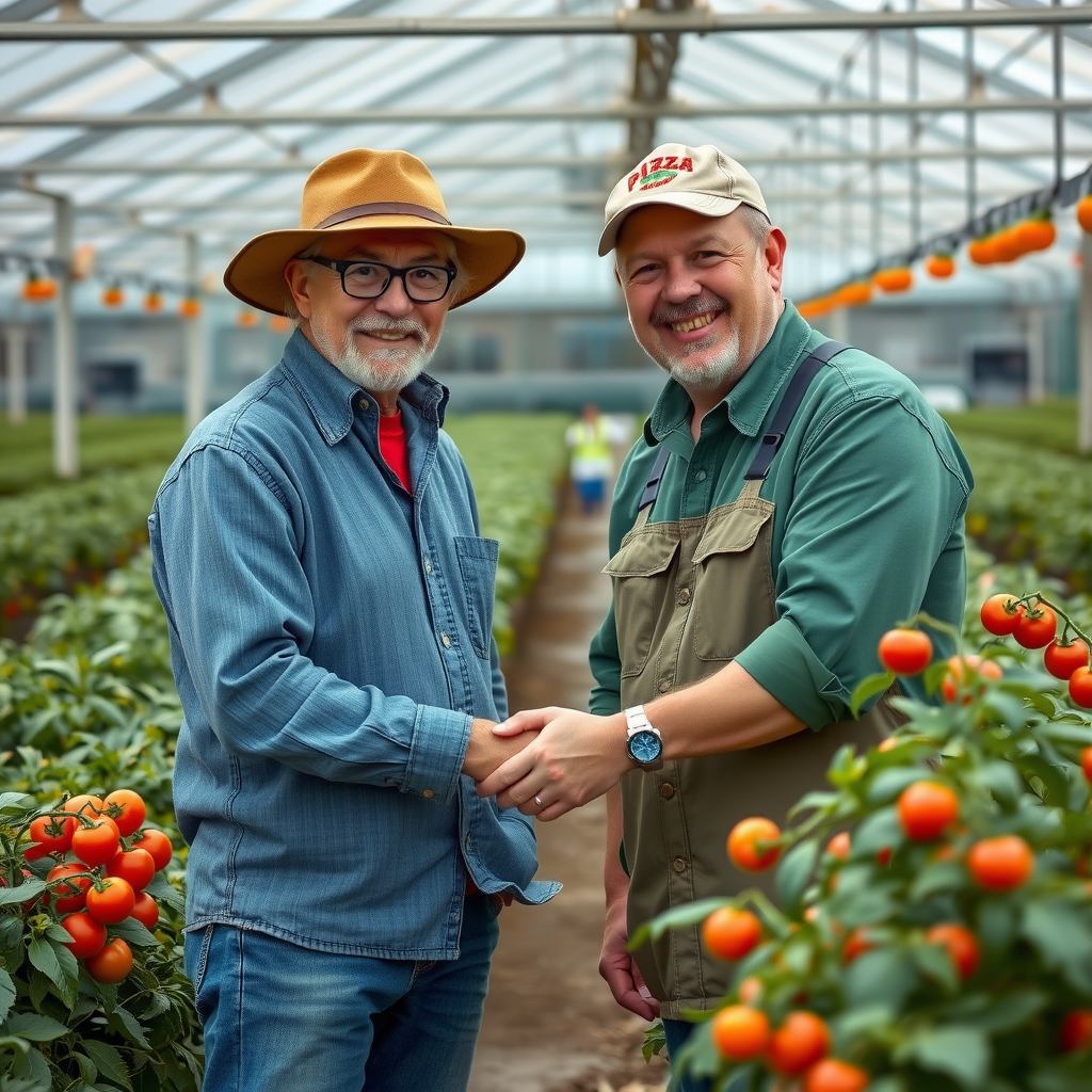 Farmer shaking hands with PizzaPizza representative in front of greenhouse filled with tomato plants, both smiling warmly