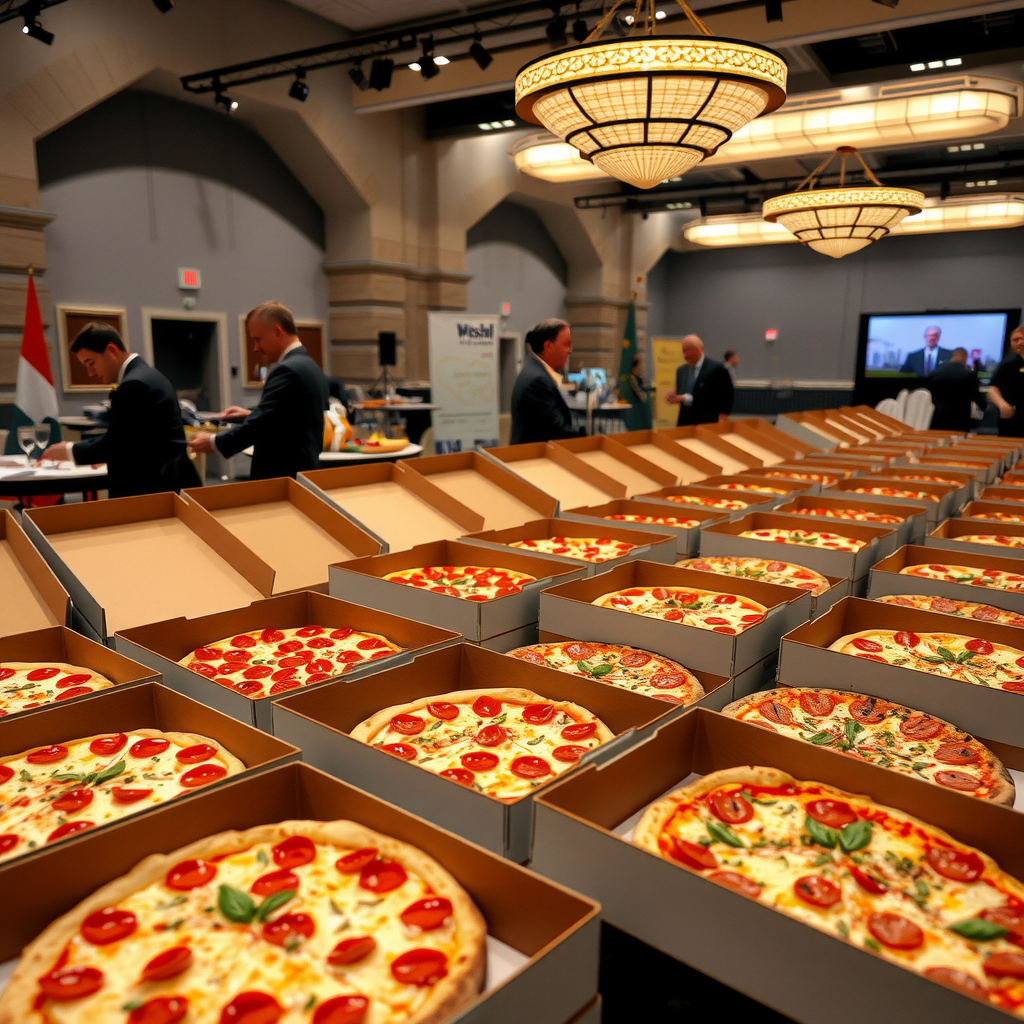 Large corporate event setup with multiple PizzaPizza catering boxes, buffet-style pizza display with various specialty pizzas, professional catering staff arranging food for wedding reception or business conference in Canadian venue