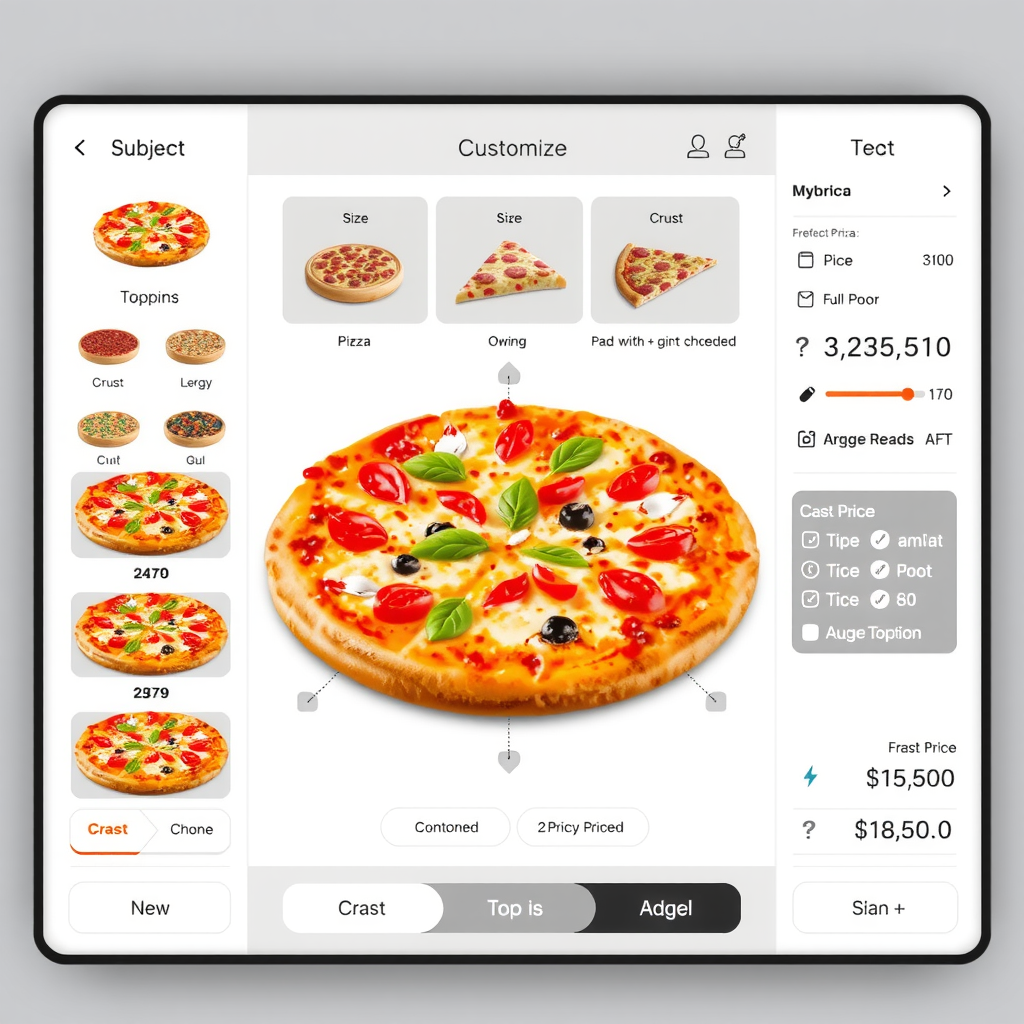 Interactive pizza customization screen showing various topping options, crust selections, size choices, and real-time price updates with visual pizza builder