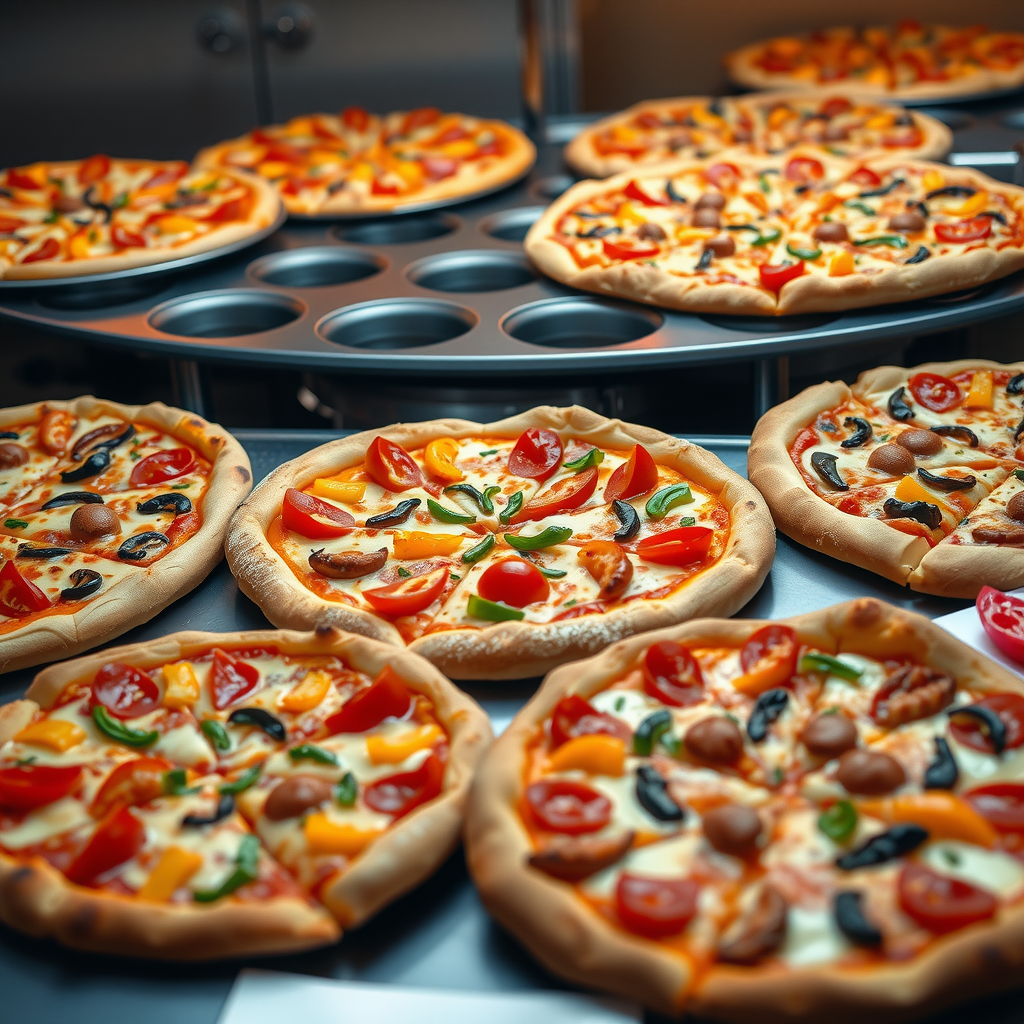 Diverse selection of PizzaPizza specialty pizzas arranged on catering buffet including pepperoni, vegetarian, Hawaiian, and meat lovers varieties