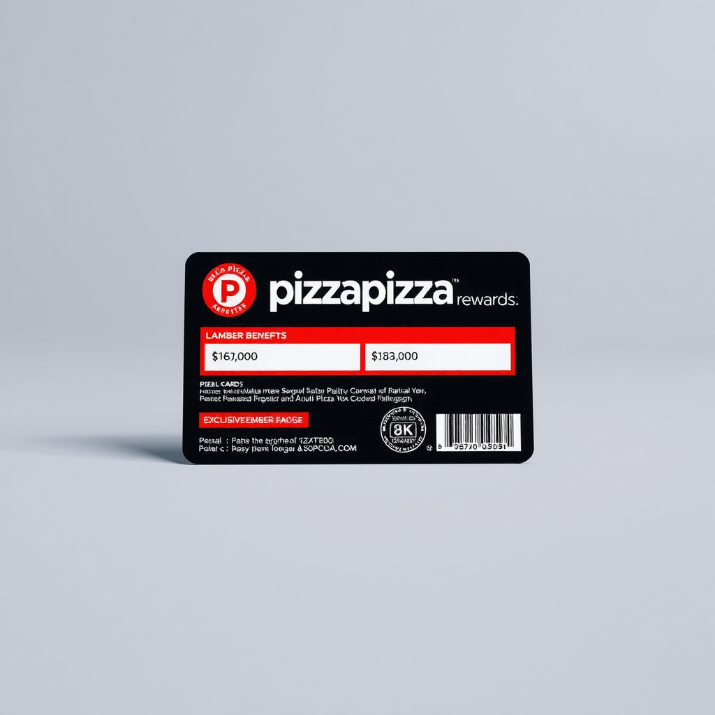 PizzaPizza rewards loyalty card with red and black design showing member benefits, points balance, and exclusive member badge