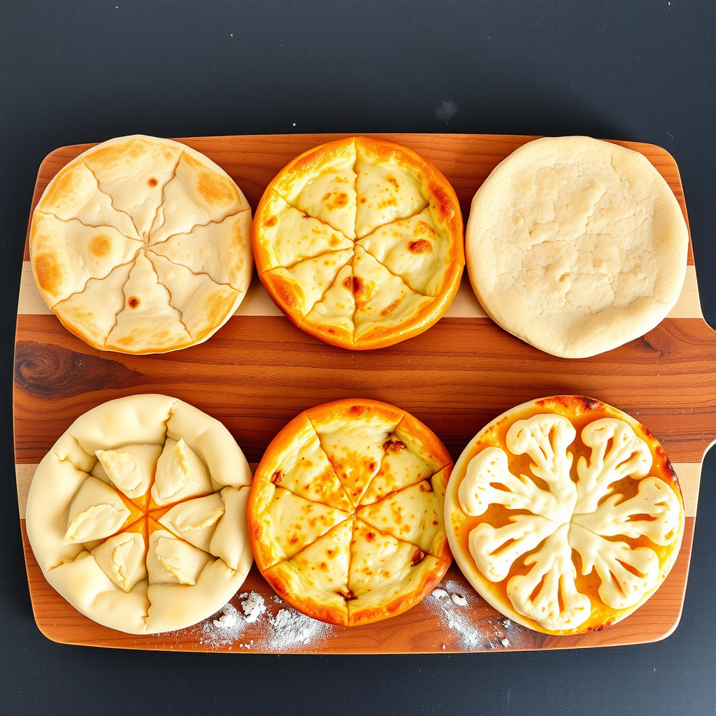 Side-by-side comparison of six different PizzaPizza crust types showing cross-sections of hand-tossed, thin crispy, thick pan, gluten-free, whole wheat, and cauliflower crusts arranged on a rustic wooden board with flour dusting