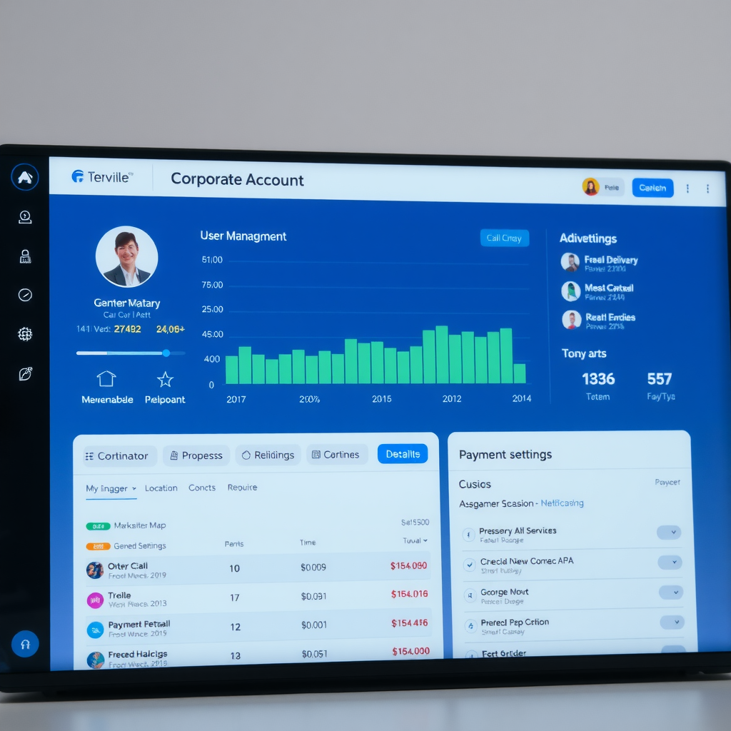Screenshot of corporate account dashboard showing user management interface, delivery locations map, and payment settings panel