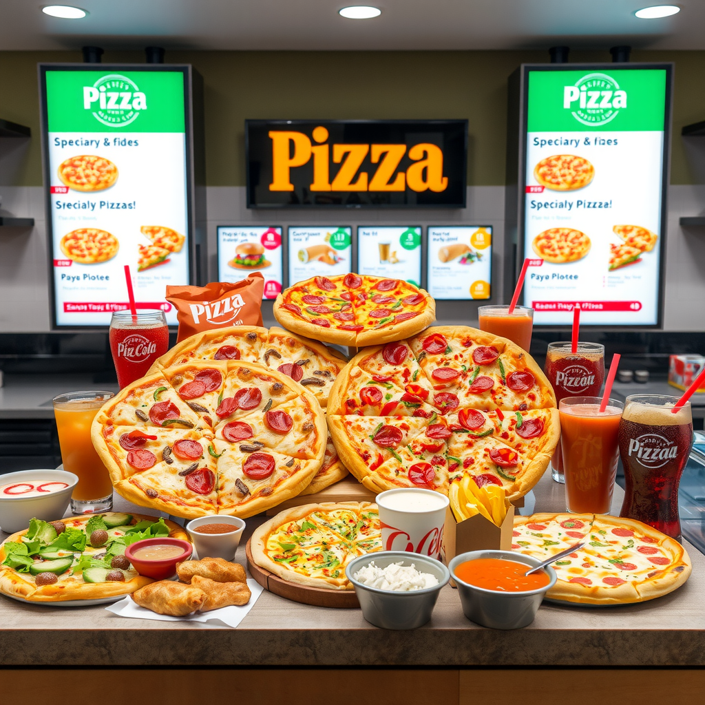 Vibrant display of various PizzaPizza menu items including specialty pizzas, sides, and beverages arranged on a modern counter with digital menu boards in the background, professional food photography with bright lighting