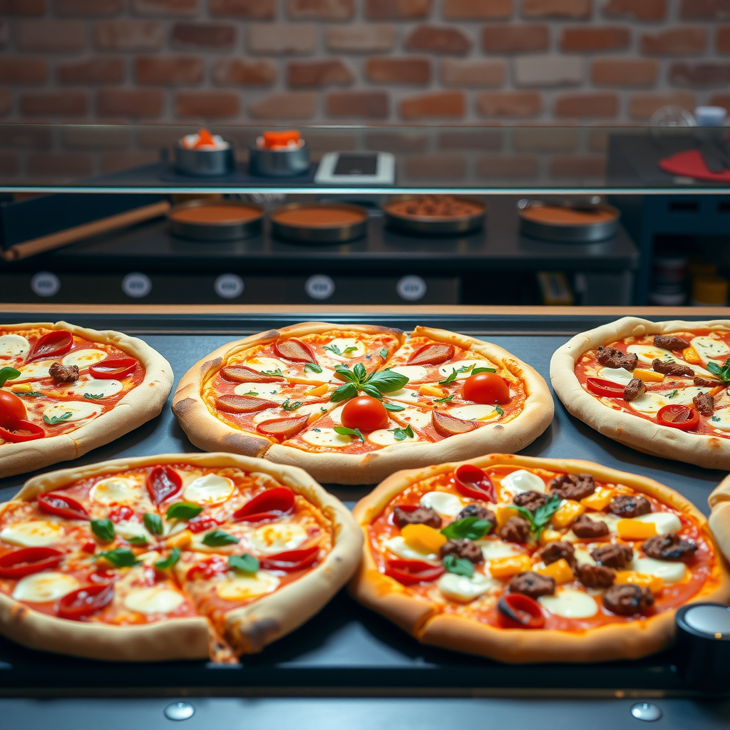 Assortment of different specialty pizzas including pepperoni, vegetarian, Hawaiian, and meat lovers on display counter with garnishes