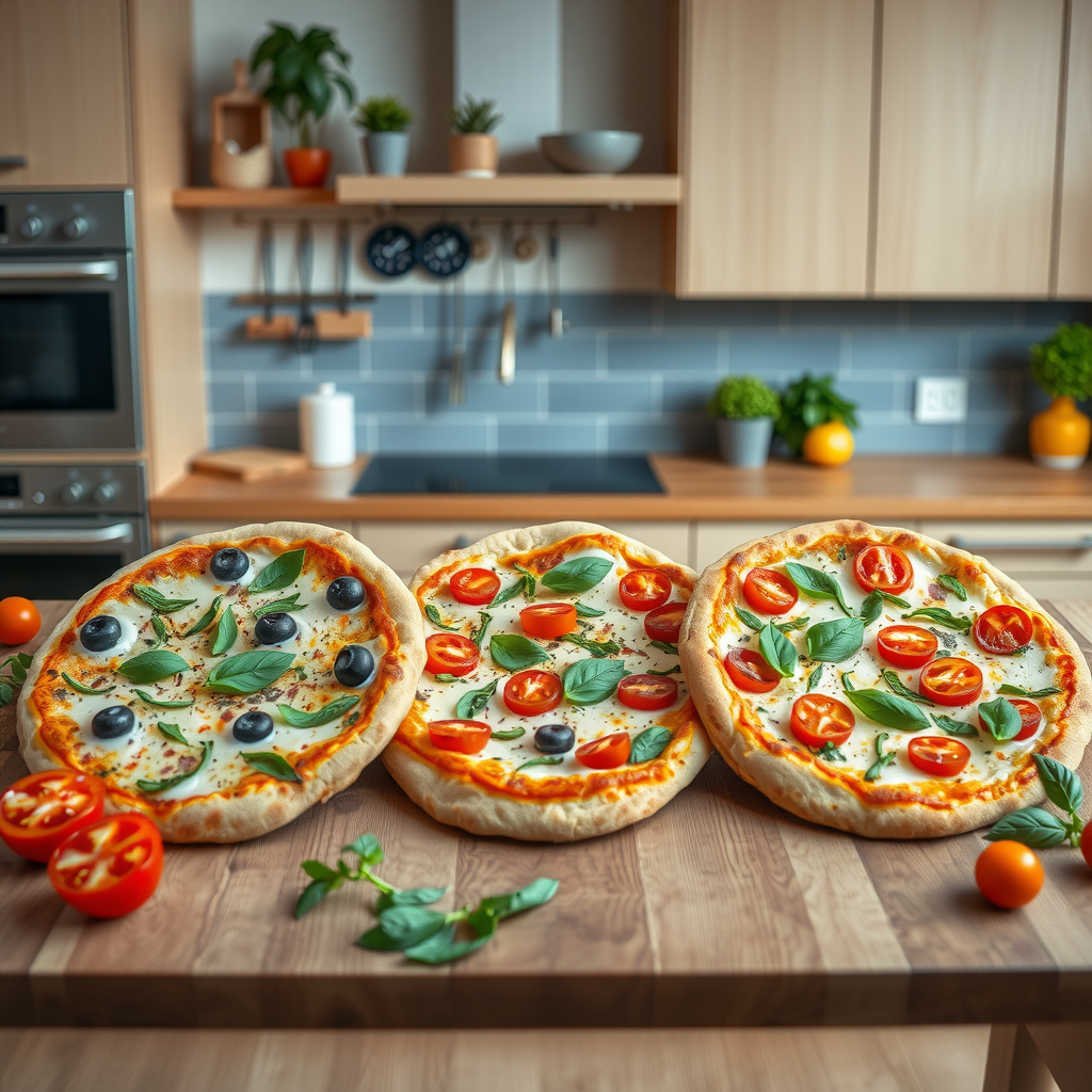 Three vegan pizzas displayed side by side on a wooden table with fresh vegetables herbs and ingredients arranged artistically around them in a bright modern kitchen