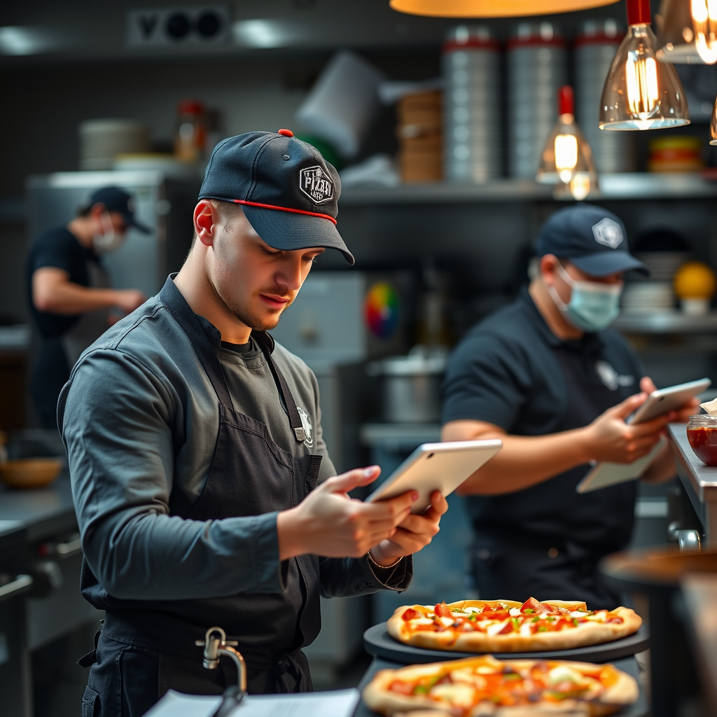 PizzaPizza kitchen staff members using tablet technology to coordinate and track orders in a busy kitchen environment during Grey Cup weekend peak hours, showing the integration of technology in operations