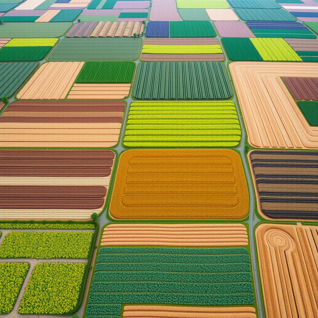 Aerial view of organized farm fields with different crops in geometric patterns showing sustainable farming layout