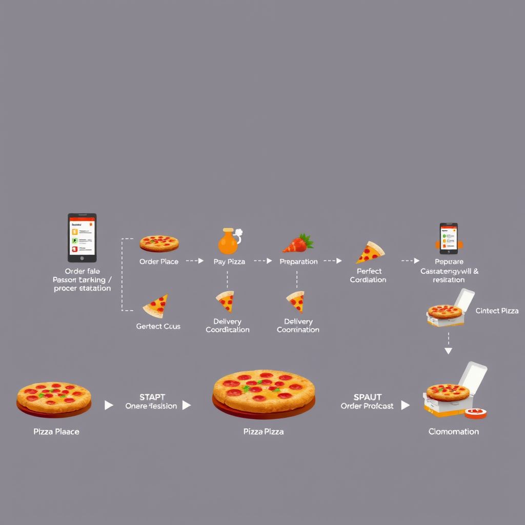 Visualization of PizzaPizza's order processing workflow showing stages from order placement through payment, preparation, delivery coordination, and customer notification