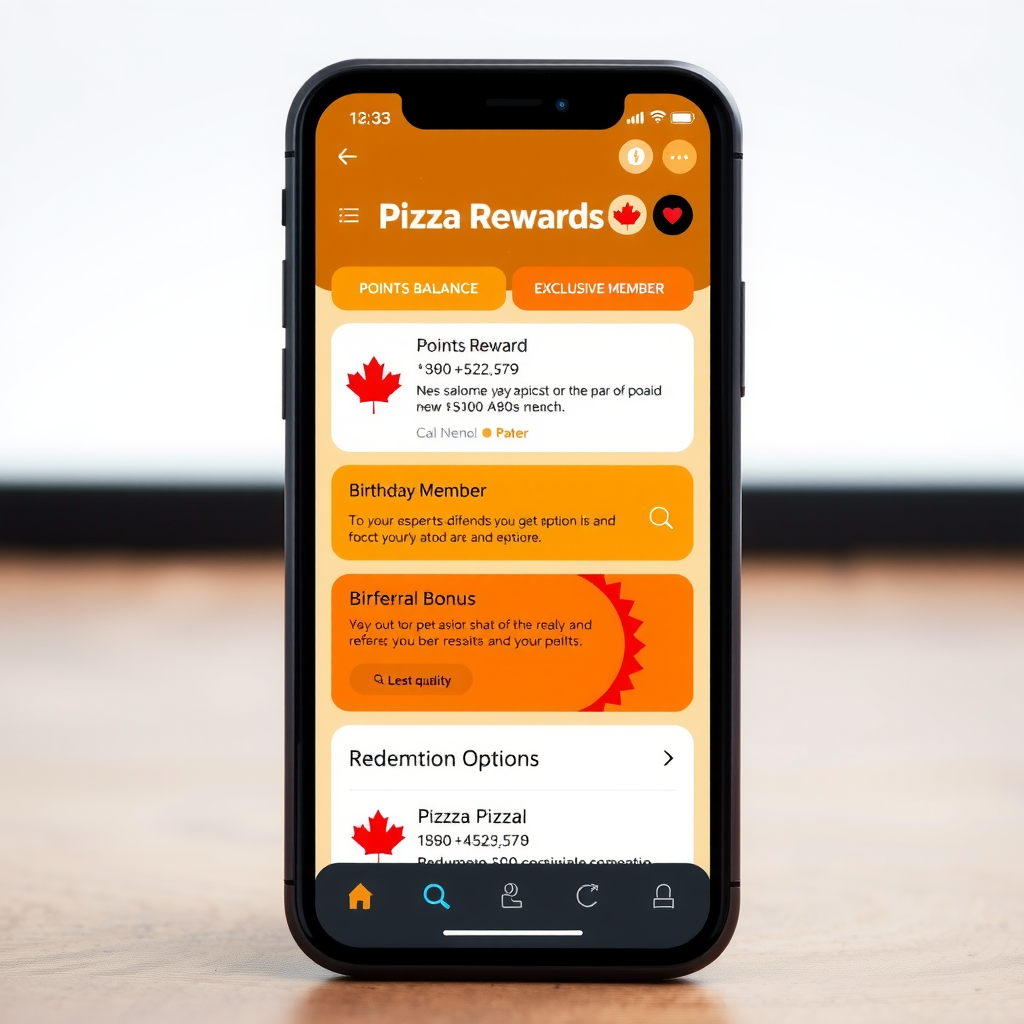 Smartphone screen showing PizzaPizza loyalty rewards app with points balance, exclusive member discounts, birthday reward notification, referral bonus section, and redemption options interface with Canadian maple leaf branding elements