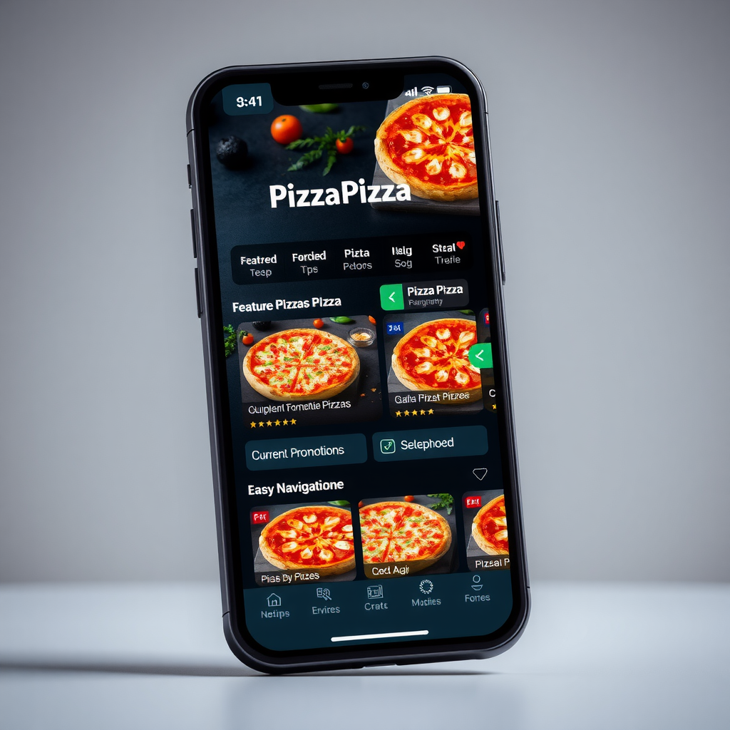PizzaPizza mobile app home screen displaying featured pizzas, quick reorder buttons, current promotions, and easy navigation menu on smartphone interface