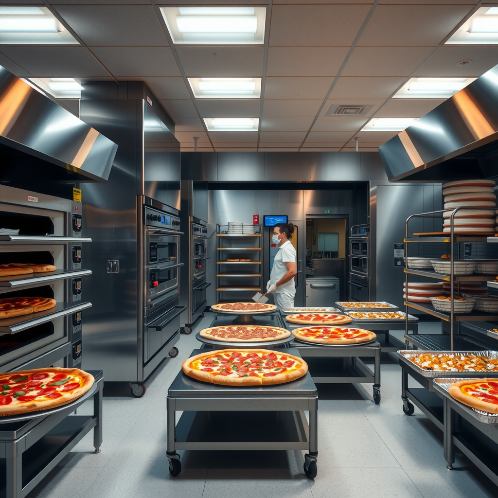 PizzaPizza commercial kitchen facility with multiple ovens and preparation stations efficiently producing large catering orders