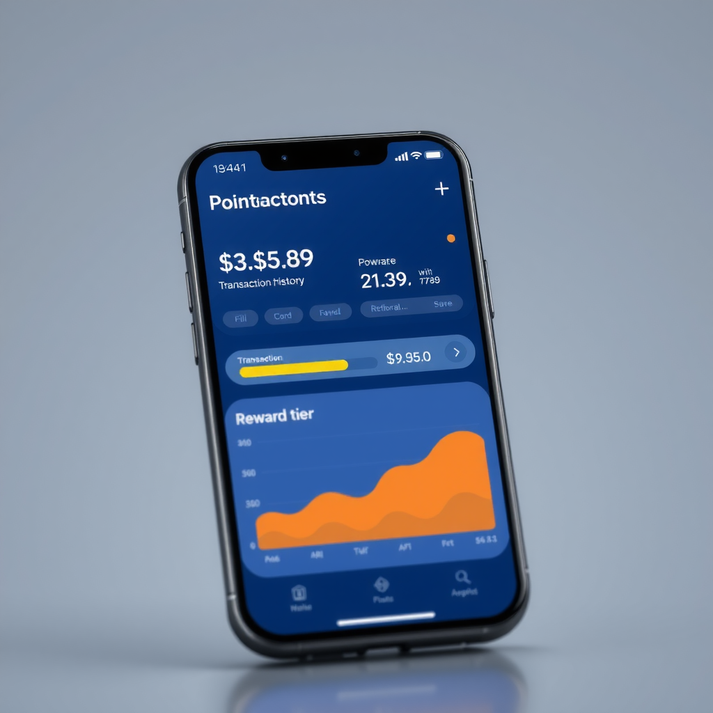 Mobile app screen showing points accumulation dashboard with transaction history, current balance, and progress bar toward next reward tier