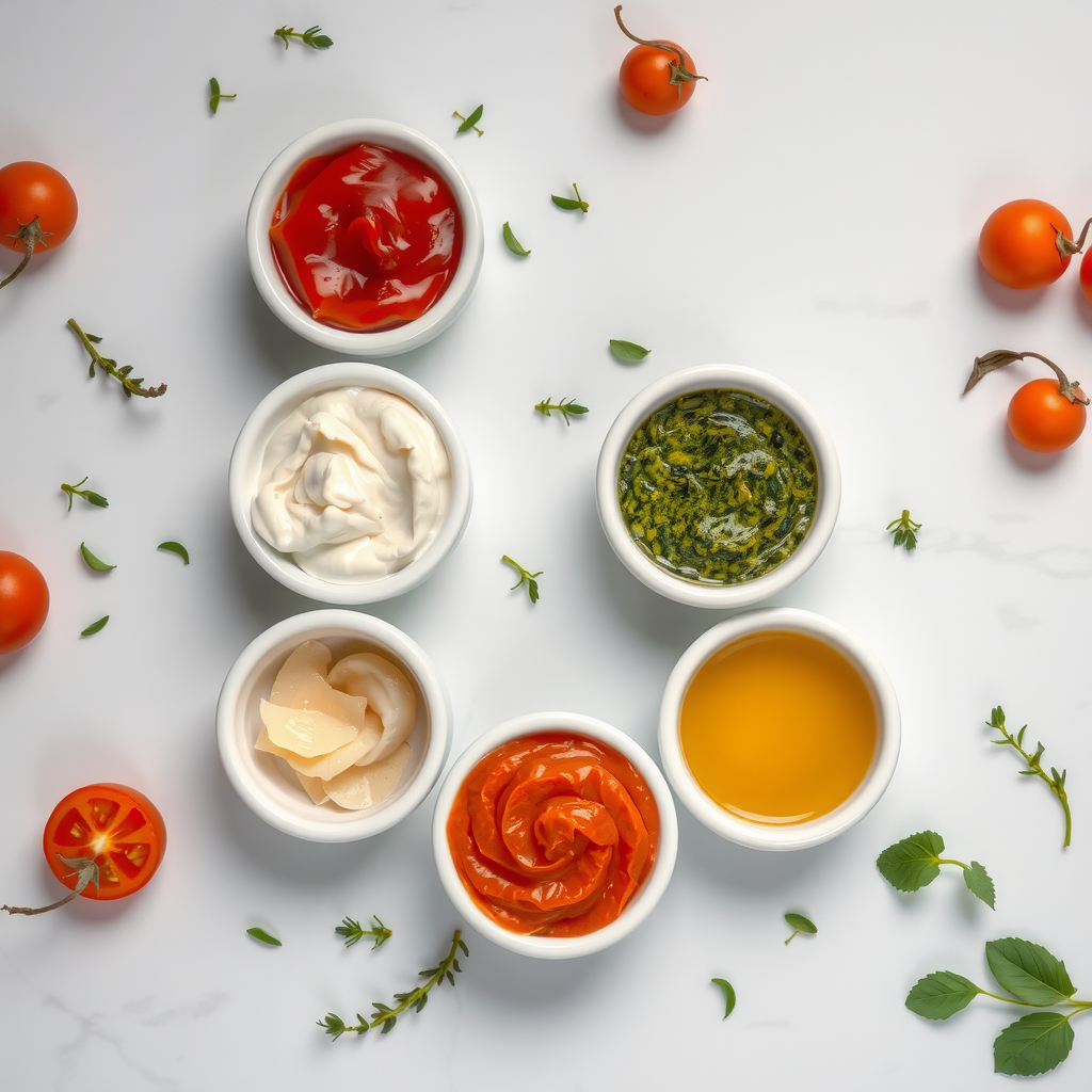 Six small white ceramic bowls containing different PizzaPizza sauces including red tomato, white alfredo, green pesto, orange BBQ, and golden garlic oil arranged in a circle on a marble surface with fresh herbs and ingredients scattered around
