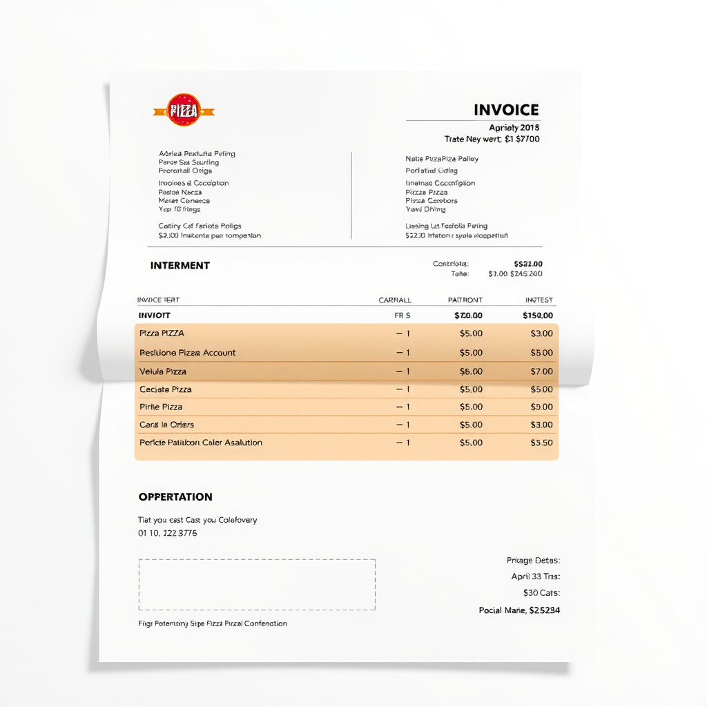 Professional invoice document with PizzaPizza branding showing itemized orders and payment details