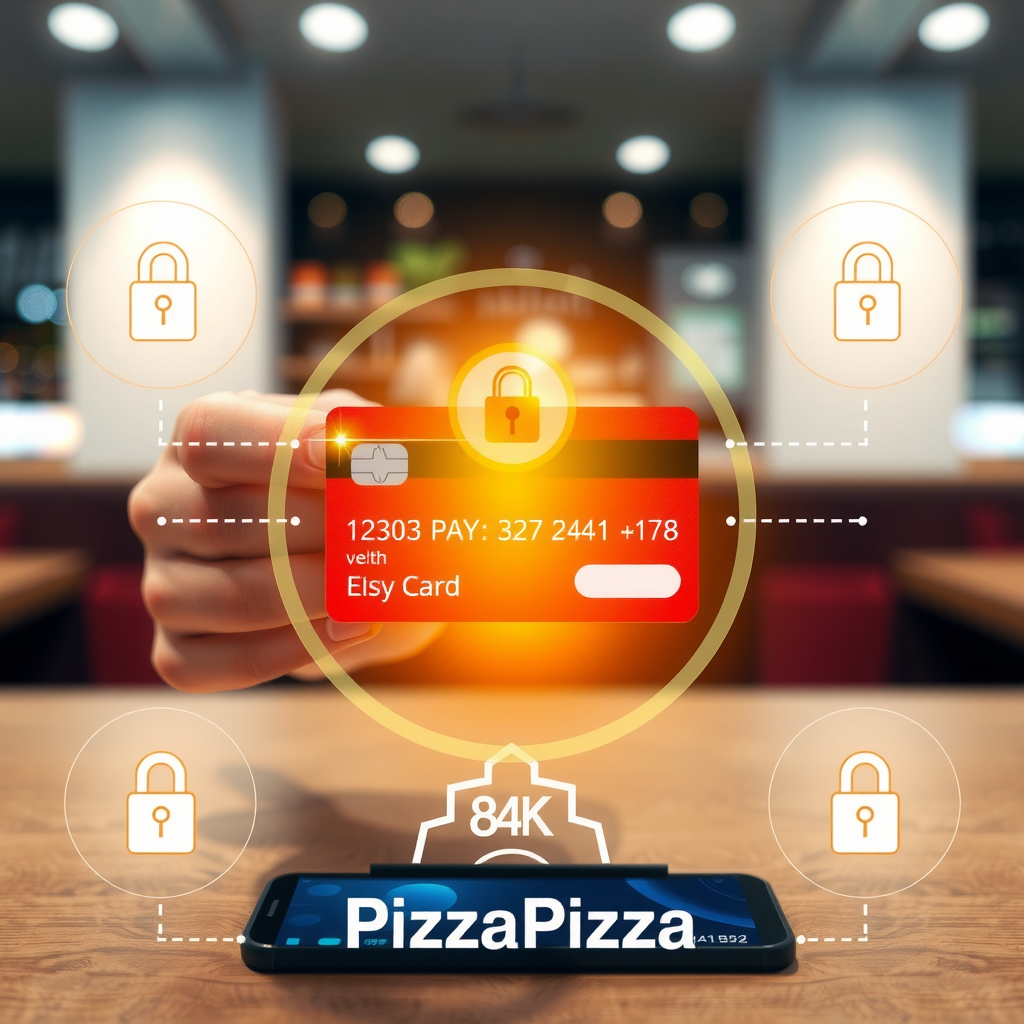 Modern secure payment interface showing credit card processing for pizza delivery order, with security icons and encrypted connection symbols, clean digital interface design with PizzaPizza branding
