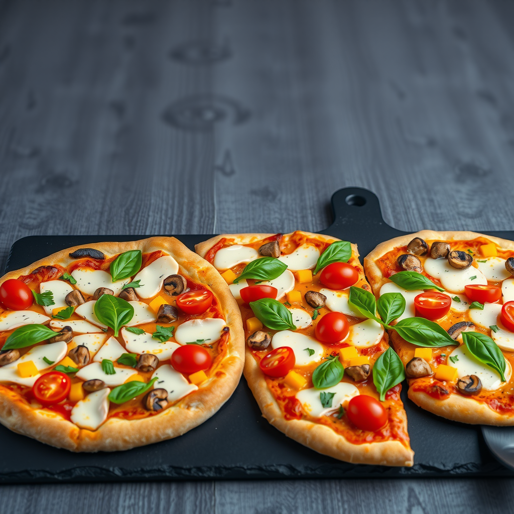 Colorful array of three new vegan specialty pizzas with dairy-free cheese, fresh vegetables including bell peppers, mushrooms, cherry tomatoes, and basil leaves on a modern dark slate serving board