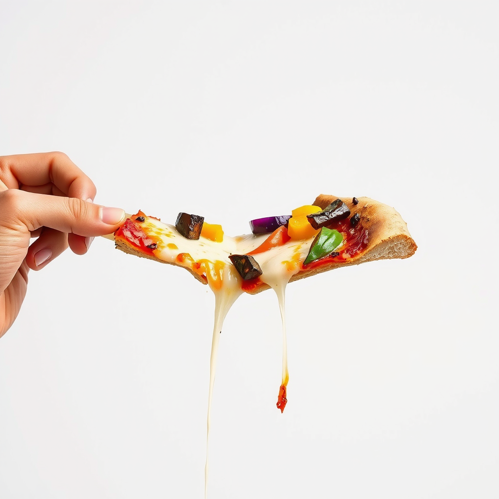 Hands stretching a slice of vegan pizza showing the melted dairy-free cheese pull with colorful vegetables visible on top against a clean white background
