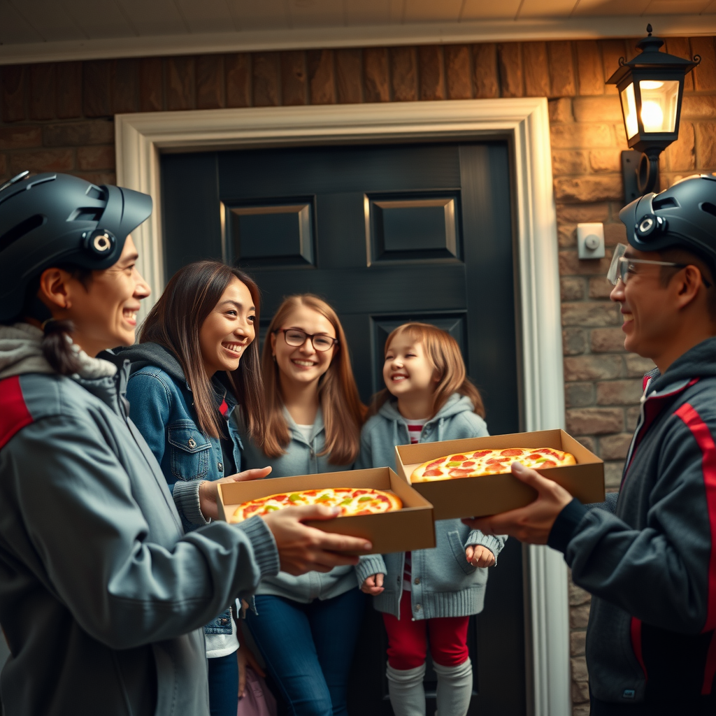 Smiling family receiving a hot PizzaPizza delivery at their front door during Grey Cup game time, with the delivery driver handing over steaming pizza boxes and the family showing excitement