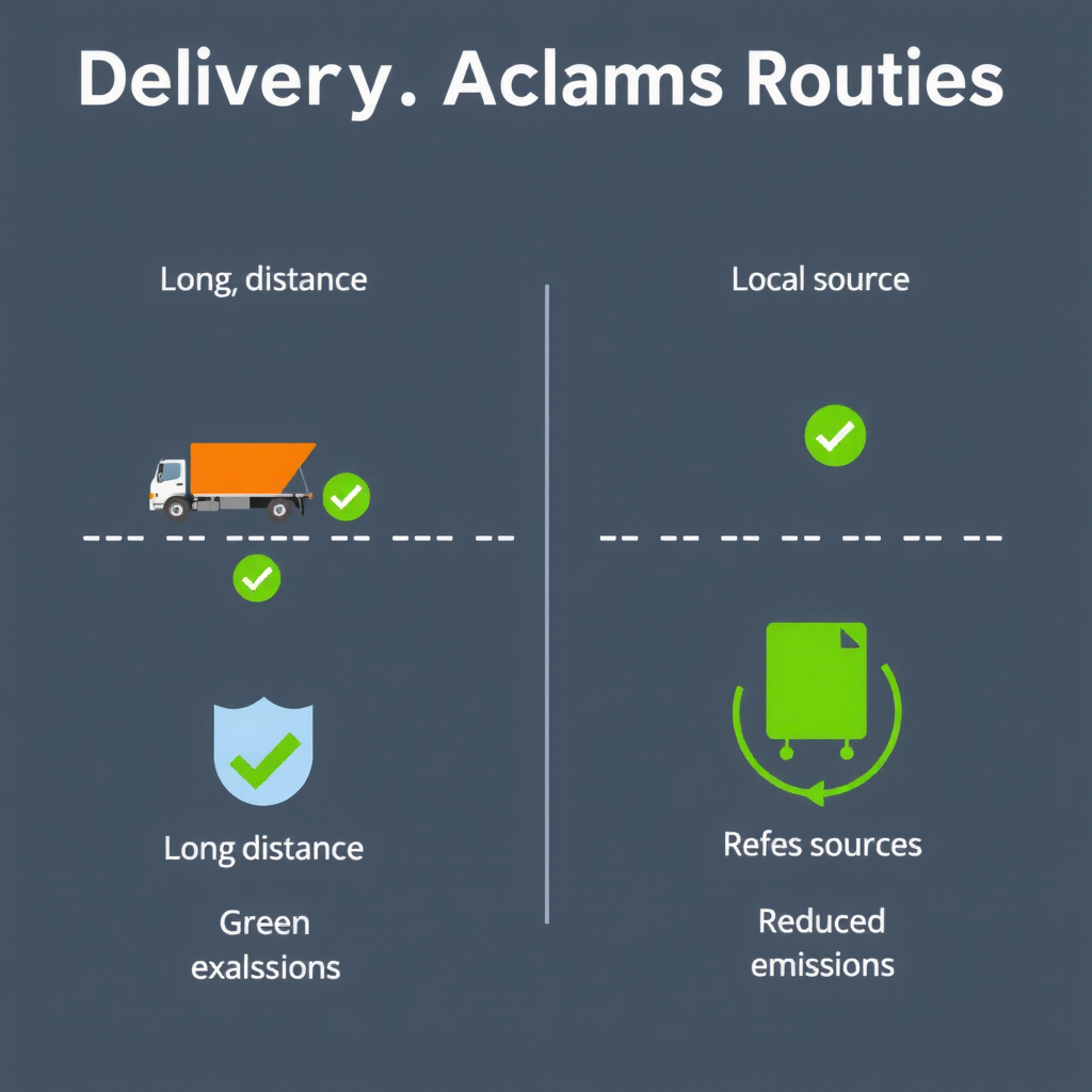 Infographic showing delivery truck routes comparing long distance versus local sourcing with green checkmarks and reduced emissions icons