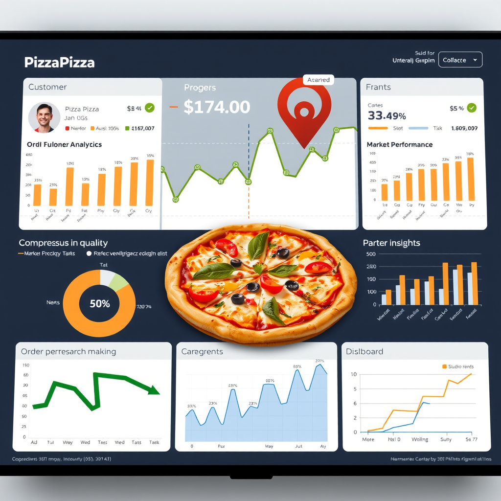 Business intelligence dashboard displaying customer analytics, order trends, delivery performance metrics, and market research insights for PizzaPizza's data-driven decision making