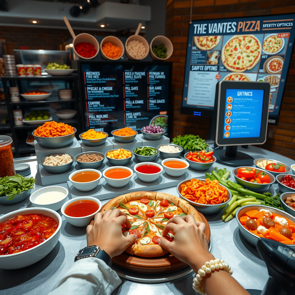 Interactive pizza creation station showing variety of fresh ingredients including multiple crust options, premium sauces in bowls, over 30 colorful toppings arranged in sections, specialty cheeses, with hands customizing a pizza and digital menu board displaying dietary options
