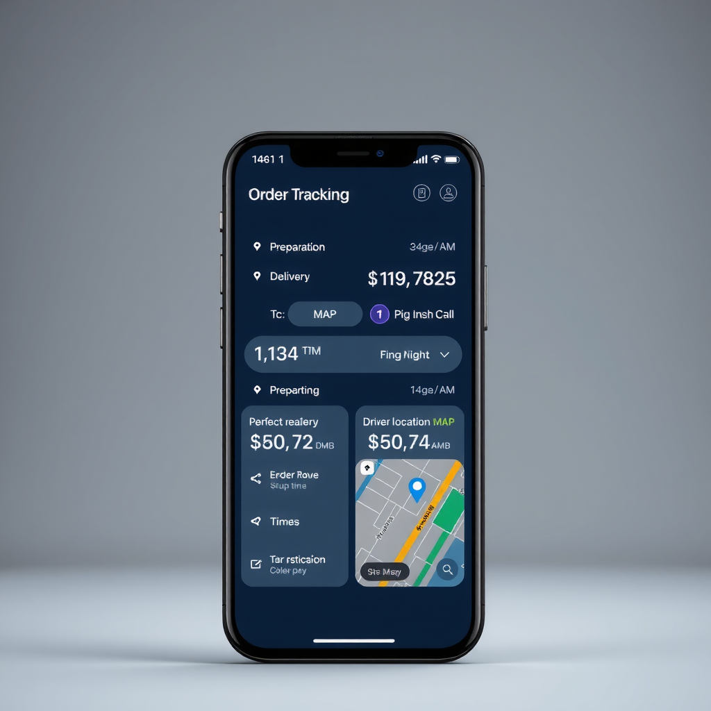 Real-time order tracking screen in mobile app showing order progress stages from preparation to delivery with estimated arrival time and driver location map