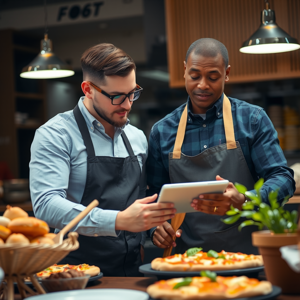 PizzaPizza catering specialist consulting with client using tablet to review menu options and customize catering package