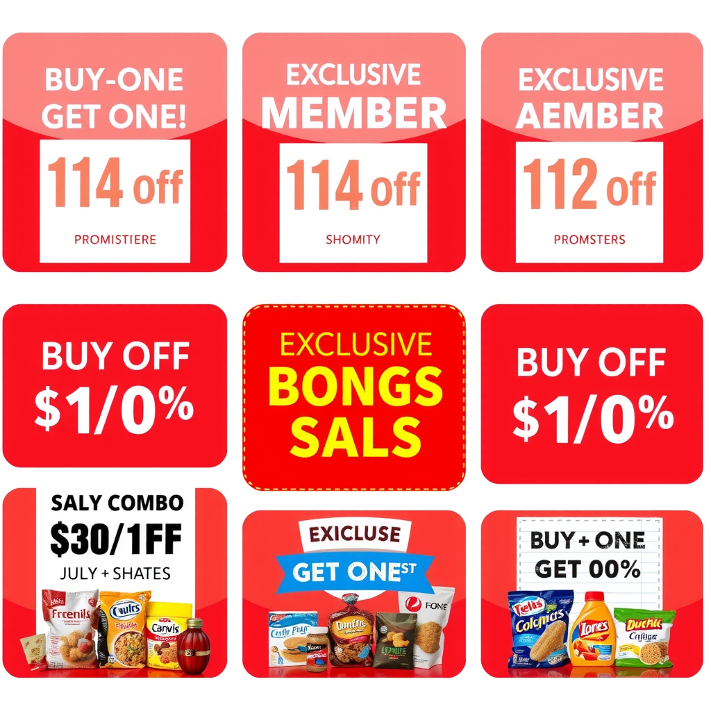 Collage of exclusive member discount offers including percentage off deals, buy-one-get-one promotions, and special combo packages with vibrant red backgrounds