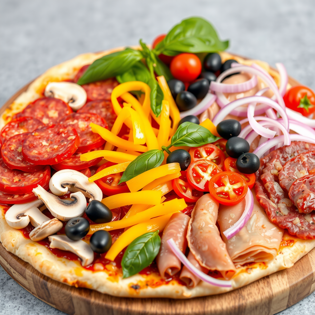 Colorful array of fresh PizzaPizza toppings including sliced pepperoni, mushrooms, bell peppers in red yellow and green, black olives, red onions, fresh basil, cherry tomatoes, and various meats arranged in organized sections on a large wooden cutting board