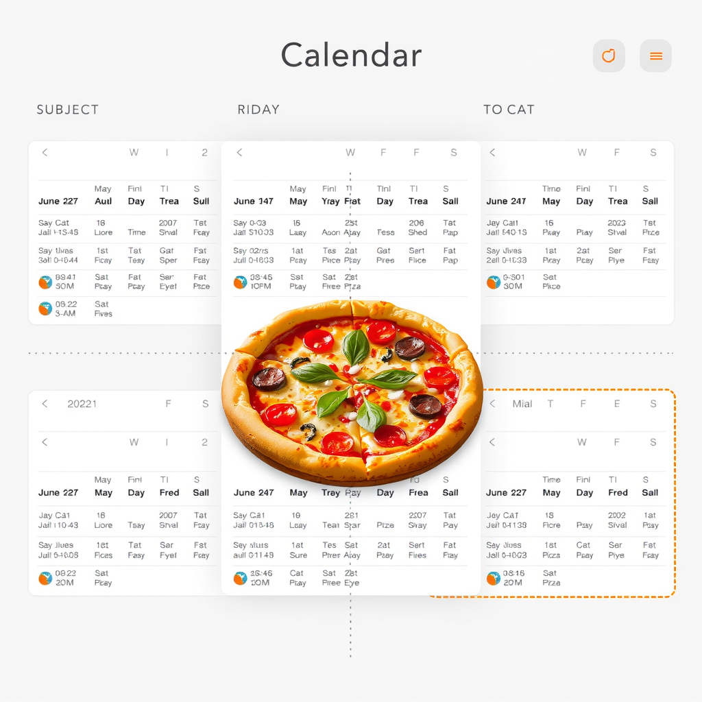 Calendar interface showing scheduled pizza deliveries across multiple dates with time slots and order details