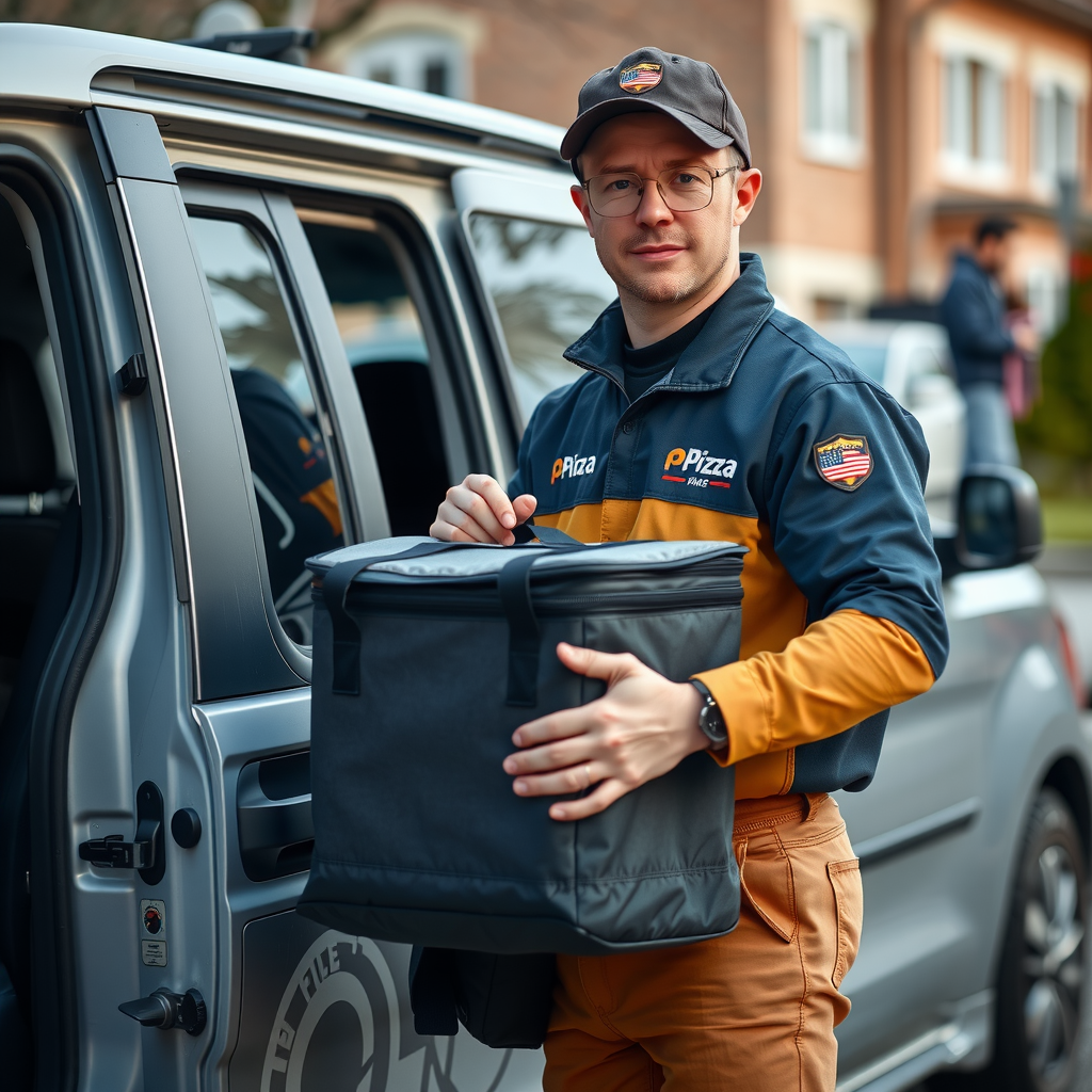 PizzaPizza delivery driver in branded uniform holding insulated pizza delivery bag next to delivery vehicle, professional appearance with company logo visible, outdoor daytime setting in Canadian neighborhood